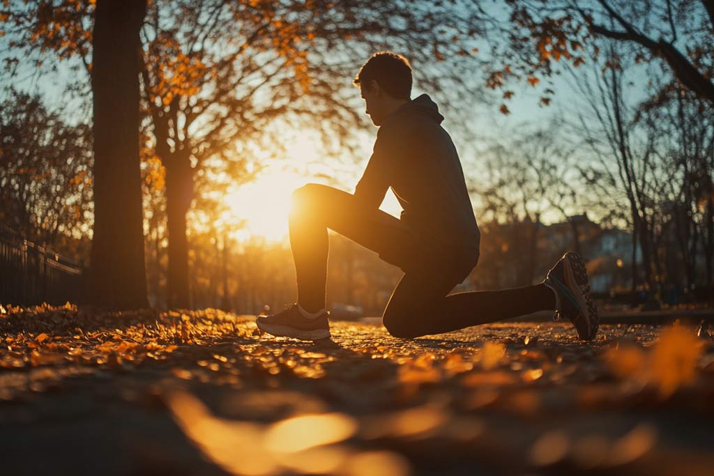 Chico entrenando running en otoño